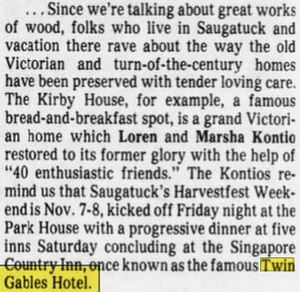 Hotel Saugatuck (Twin Gables Hotel) - Oct 1986 Article (newer photo)